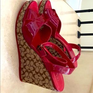 Authentic Coach Red patent leather wrap wedges